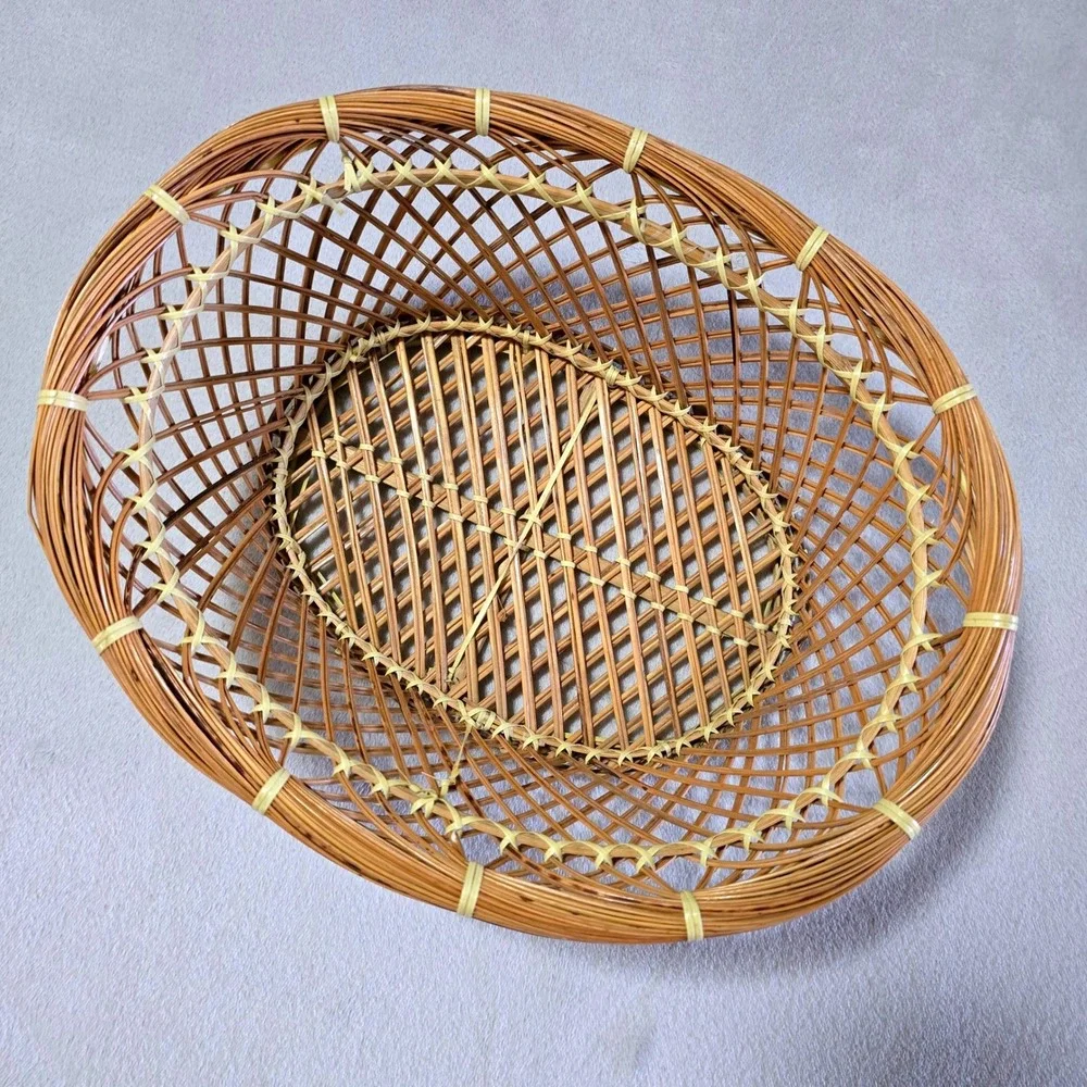 Vintage Oval Wicker Rattan Basket Natural Brown Open Weave 12.5 in